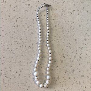 Vintage White Beaded Necklace with Gold Swirl Accents – Toggle Clasp